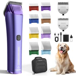 Professional Dog Grooming Clipper with Replacement Blade, 5-in-1 Adjustable A5 Blade Cordless Pet Grooming Kit 2 Speed Trimmer Hair Shaver with Detachable Metal Combs Nova for Animal Horse (Purple)