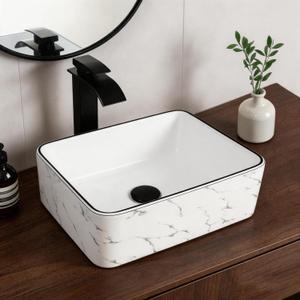 16 inch White Marble Ceramic Vessel Sink for Bathroom - Above Counter Rectangle Bathroom Sink with Faucet and Drain Combo, Modern Design, 16x18 inches