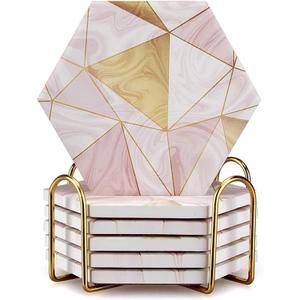 6 Pack Pink Marble Coasters with Holder Gold Absorbent Drink Unique Coaster Cute Ceramic Table Coaster Set Funny Kitchen Accessories Decorative Bar Coster Modern Coffee Table Decor Cup Coasters
