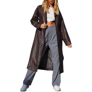 chouyatou Women's Casual Lapel Open Front Pu Faux Leather Long Trench Coat with Belt L