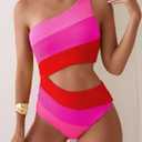 TASHEHE Women's One Shoulder One Piece Swimsuit Sexy Neon Color Block Bathing Suit Modest Full Coverage Cutout Swimwear (Pink, S)