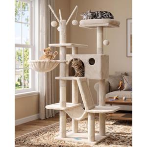 Hey-brother Cat Tree, 53-inch Cat Tower for Indoor Cats, Cat House with Padded Platform Bed, Toy Balls, Large Cozy Condo, Hammocks and Sisal Scratching Posts, Beige MPJ019-SM