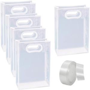 7 Pcs Clear Plastic Gift Bags with Ribbon Transparent Party Favor Bags Reusable Goodie Bags Small Tote Bags Wedding Candy Bags for Birthday Baby Shower Christmas White
