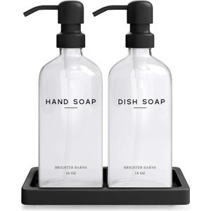 Glass Hand and Dish Soap Dispenser Set by Brighter Barns - Kitchen Soap Dispenser Set with Tray, Stainless Steel Pump - Glass Bottles for Sink - Black Kitchen Accessories for Home, Hotel, Gift (Clear)