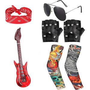 7Pcs Kids Rockstar Costume Set with Inflatable Guitar, Women's Premium Rocker Outfit Heavy Metal Accessories, Ultimate Rock Look for Halloween Party, Girls & Boys