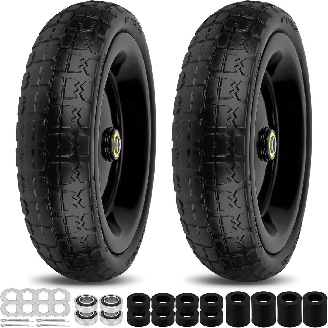 13 Inch Flat Free Wheels Tires 4.00-6 Solid Replacement with Universal 5/8" Axle Bore Hole, 8 Spacers and 4 Pins, for Wheelbarrow, Garden Wagon, Hand Truck, Trolley, Lawn Mower, 2 Pack (Black)