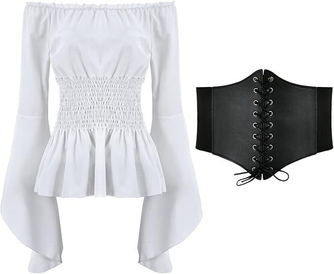 Womens Renaissance Blouse Tops Corset Waist Belt Medieval Victorian Off Shoulder Long Sleeve Shirt Pirate Cosplay Costumes (Small)