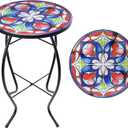 MUMTOP Side Patio Tables-Mosaic Outdoor Side Table - 14 Symmetrical Pattern Glass Accent Round End Table, Plant Stand Indoor Small Coffee Table for Garden or Living Room Decor (Blue Flower)