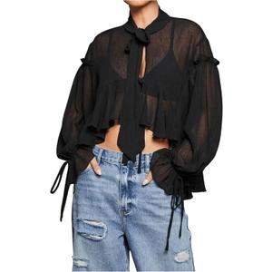 GORGLITTER Women's Ruffle Chiffon Top Tie Neck Flounce Long Sleeve Cropped Blouse Shirt (Black, Small)