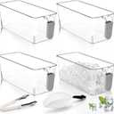 Pumtus 4 Pack Clear Ice Bins for Freezer, Plastic Ice Bucket with Flexible Scoop & Ice Tong, Pull Out Handle Ice Container, Kitchen Food Storage Organizer, Pantry Canister for Wine Beverage Fruit