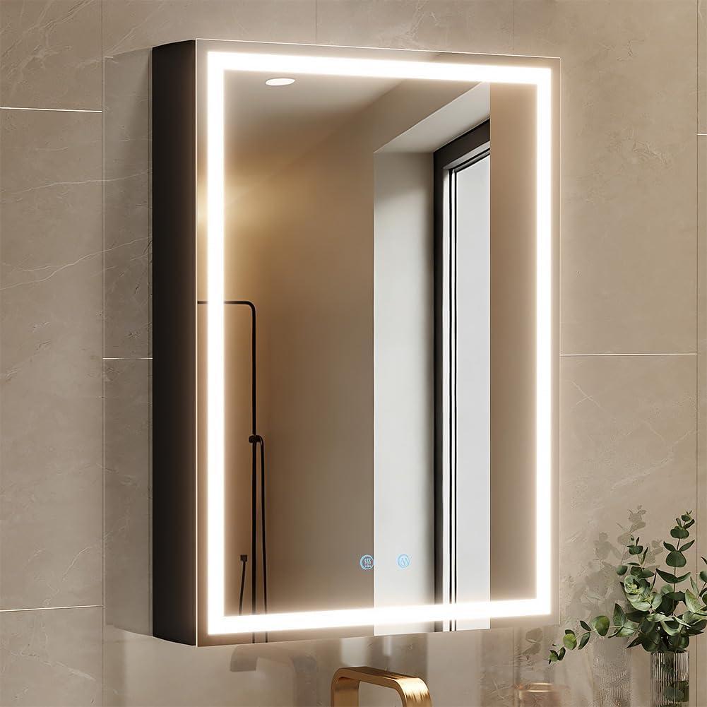 Spliceable Modular LED Lighted Bathroom Medicine Cabinet Mirror with Anti-Fog Aluminum Frame, Adjustable Lighting, Built-in Sockets & USB Ports – Wall Mounted (Right Hinge, 28" L x 20" W)