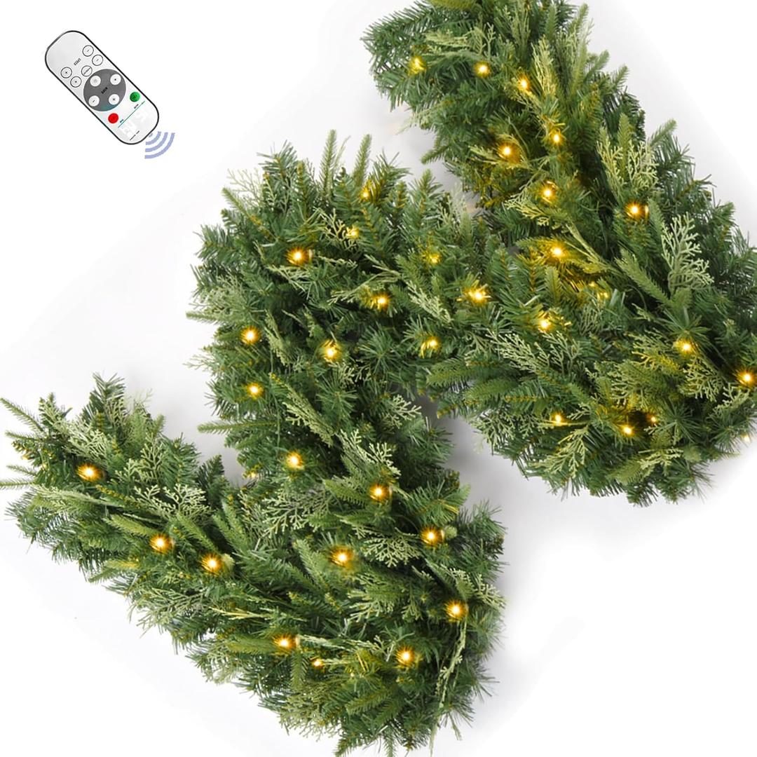 Christmas Garland with Dual Color 50 LED Lights 9 Ft, Prelit Xmas Garland with Cypress Leaf, Timer by Remote Control and Batteries Operated for Mantle Staircase Indoor and Outdoor (Green PVC 9FT)