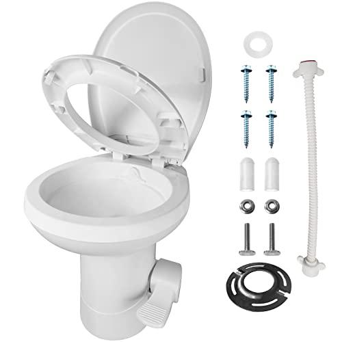 Mupera RV Toilet - Upgraded Pedal Flush T-Type Water Outlets Gravity Flush Toilet with Flange(2025 New), with Damping Slow Down Toilet Seat and Cover for Motorhome RV