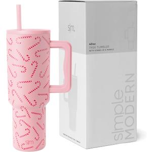 Simple Modern 40 oz Trek Tumbler with Handle and Straw Lid | Cup Holder Friendly Insulated Stainless Steel Travel Mug | Pink Candy Cane Toss