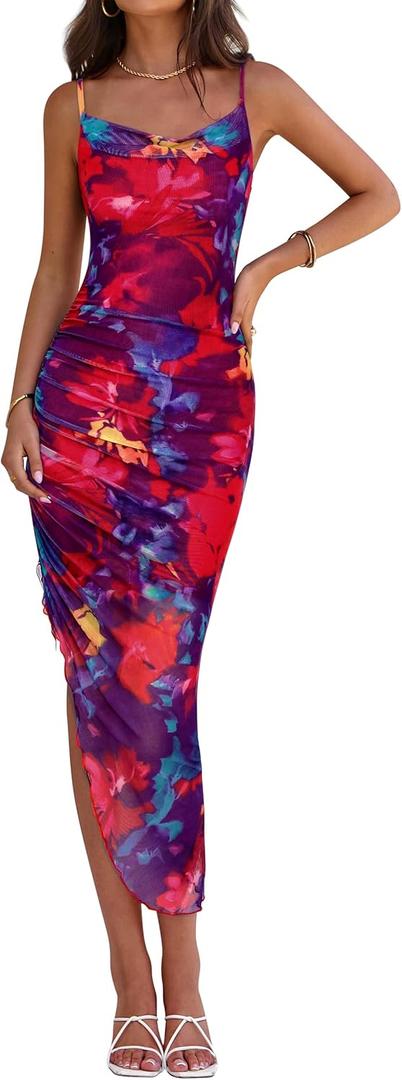 PRETTYGARDEN Women 2025 Summer Mesh Dress Spaghetti Strap Cowl Neck Print Ruched Bodycon Dresses Asymmetrical Long Dress (XL)