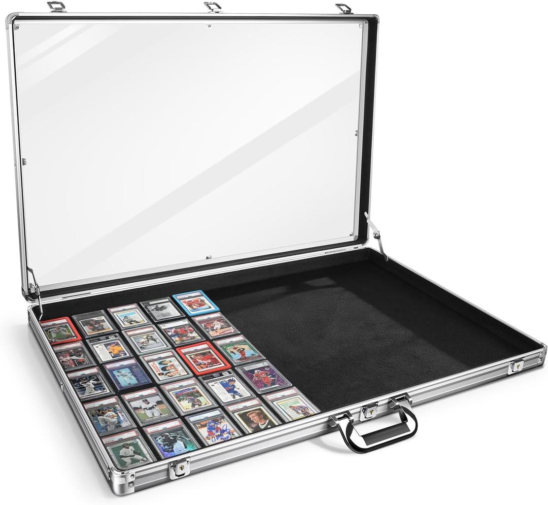 Card Show Display Case 34"x23" Large Aluminum,Trade Show Display Case Portable Trading with Lock&Acrylic Side&Handle Tabletop Showcase for Jewelry, Collectibles, Sports Cards,Silver