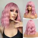 BERON Candy Pink Wig Short Curly Wig Pink Wigs with Bangs Women Charming Wigs Synthetic Wig with Hairnet