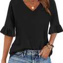 Zeagoo Womens Tops Casual V Neck Shirts Floral Solid Blouse Ruffle Tunics 3/4 Sleeve Tshirt  (Medium, Black)