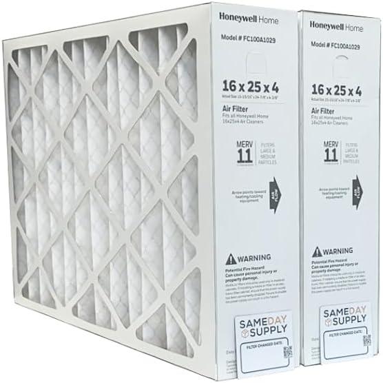 Honeywell FC100A1029 (2 Pack) - 16" x 25" x 4" Pleated Air Filter, MERV 11 Bundle with Same Day Supply Filter Change Reminder
