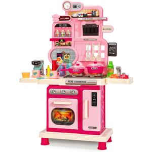 Kids Play Kitchen Set, Toddler Kitchen Playset with Light & Sound, Cooking Stove, Play Sink, Coffee Maker, Play Food Toy and Kitchen Accessories, Kitchen Toy for Kids Girls Boys - Pink