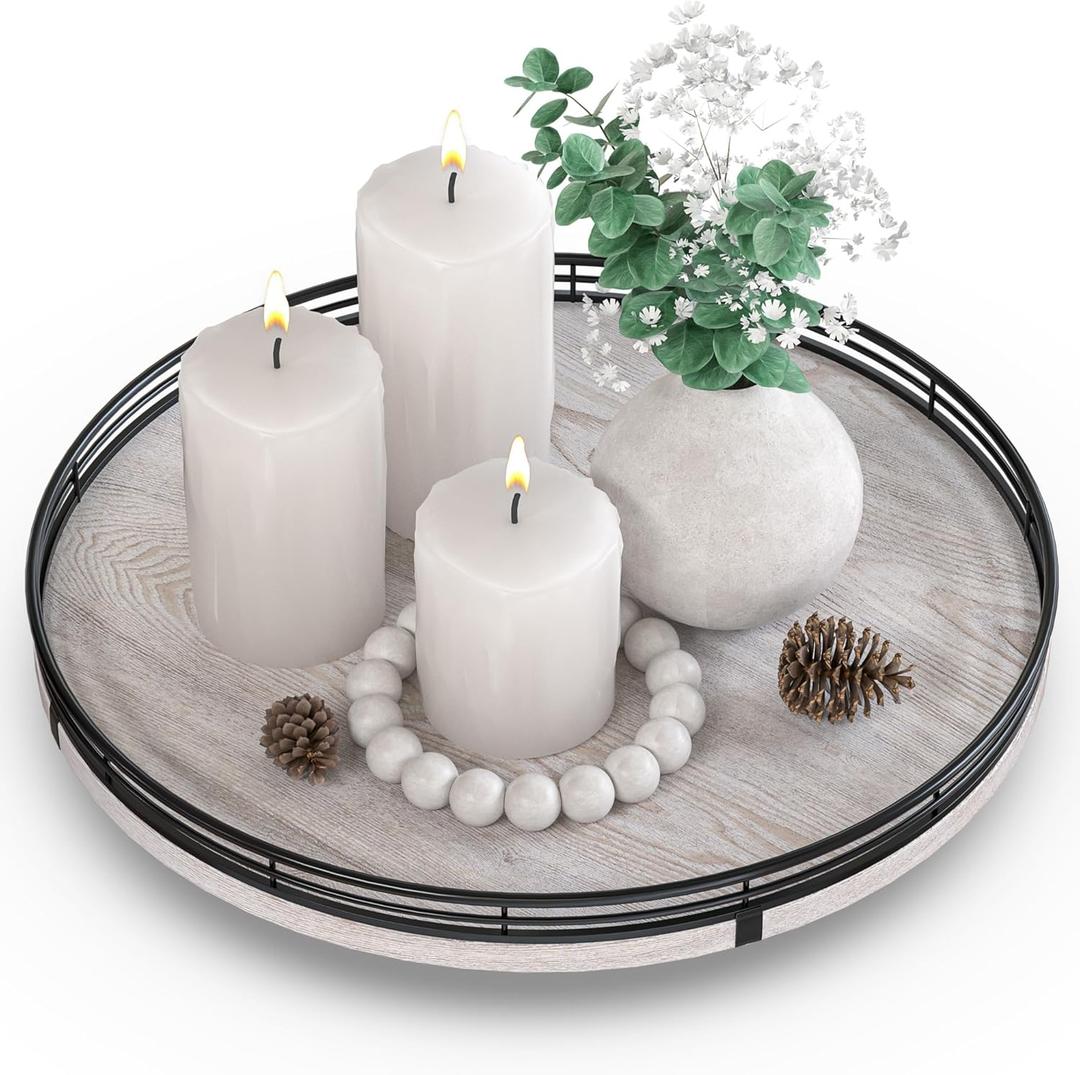 13" Oak Bathroom Vanity Tray Turntable for Perfume Candle, Round Wooden Decorative Tray for Kitchen Sink Countertop Organizer, Bathroom Counter Organizer for Skincare Makeup, Rustic Whitewashed