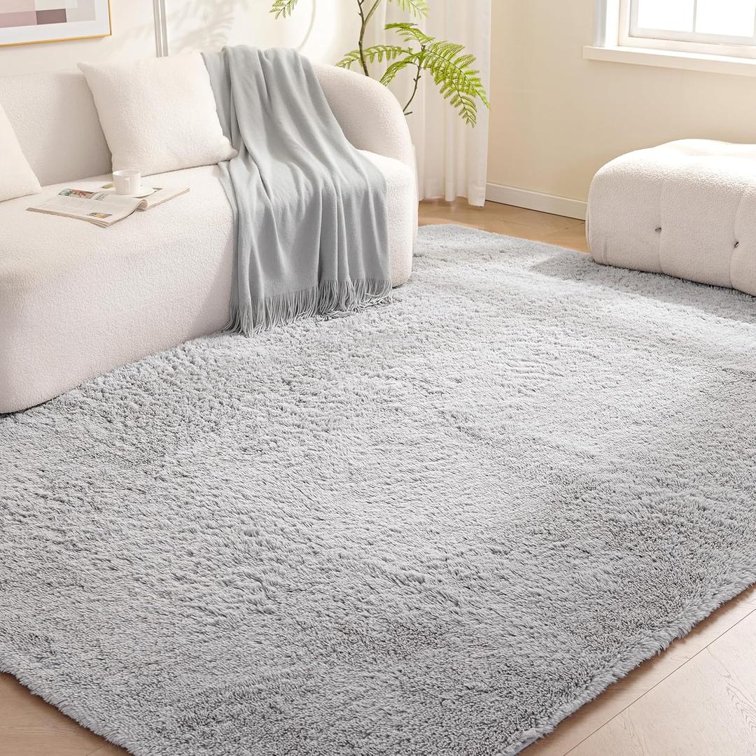 Amazon Basics Fluffy Washable Area Rug, Shaggy Carpet for Living Room, Bedroom, 5' W 7' L (Grey)