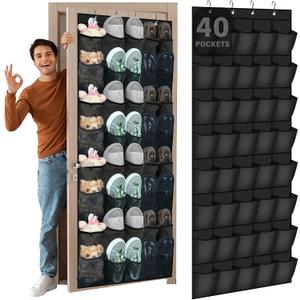 Windyun 40 Over the Door Shoe Organizer Large Breathable Mesh Pockets Hanging Shoe Rack for Closet Black Behind Door Hanger Storage Holder Nonslip Hooks for Women Men Entryway Bedroom Utility Room