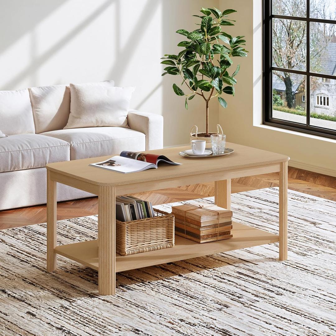 Arc Corner Wood Coffee Table with Storage Shelf – Vertical Wave Grain Legs, Light Oak Finish, Modern Minimalist Rectangular Accent Table for Living Room & Bedroom (39.4" L x 20" W x 17.7" H)