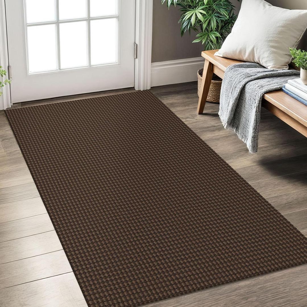 KOZYFLY Rugs for Entryway 3x5 ft Washable Area Rug Non Slip Rubber Backed Entry Rug Woven Indoor Door Mat Cotton Kitchen Rugs Floor Carpet for Entryway, Foyer, Backdoor, Reddish Brown/Coffee