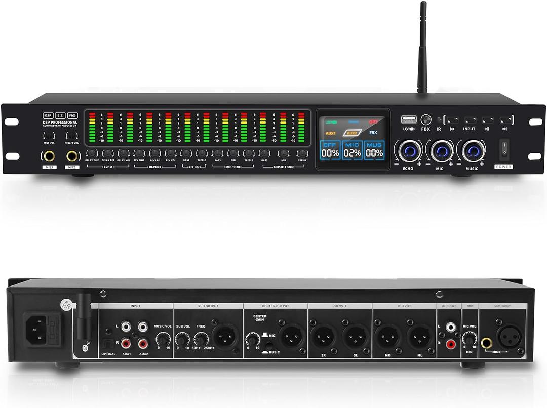 K-6 Professional KTV Digital pre-stage Effector Anti-howling Audio Processor Karaoke Mixer Reverberator with DSp effect echo USB MP3 Bluetooth optical.4 microphone input With remote control
