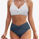 Blooming Jelly Women's High Waisted Bikini Sets Metal Tummy Control Swimsuits V Neck Twist Front Bathing Suit M