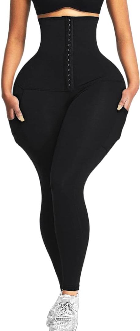 CROSS1946 Women Scrunch Butt Lifting Workout Leggings High Waisted Tummy Compression Seamless Yoga Pants Gym Athletic Tights (Medium, #2 Waist Trainer Corset- Black(with Pockets))