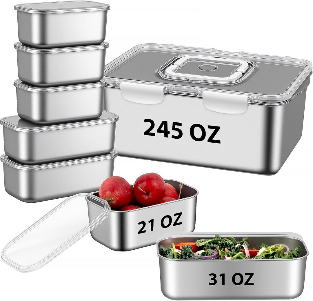 8 PCS Large Stainless Steel Food Storage Containers with Lids, 3 Sizes Meal Prep Containers Set for Vegetables, Fruits, Snacks, Roasting Chicken, Lasagna, BPA Free and Oven Safe (245oz, 31oz, 21oz)