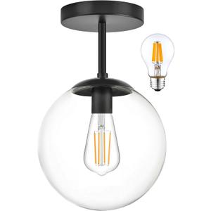 Globe Semi Flush Mount Ceiling Light Clear Glass Globe Ceiling Light Matte Black Finish Contemporary Mid Century Modern Style Lighting Fixture Hallway Living Room Kitchen Bedroom Storage (Bulb Incl.) (8 inch)