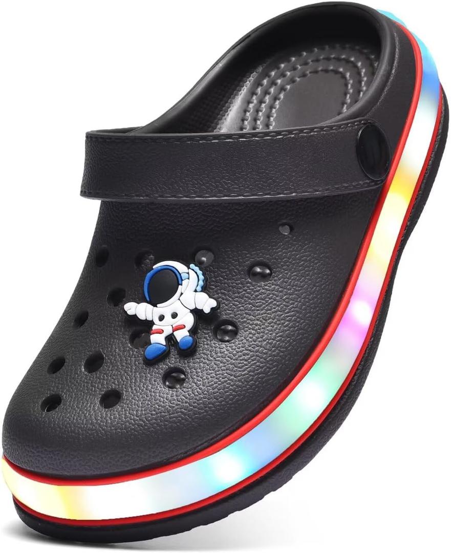 XPKWS Toddler Kids Clogs Boys Girls LED Garden Shoes Light up Sandals Slip on Quick Dry Beach Slippers (Black), Size 13