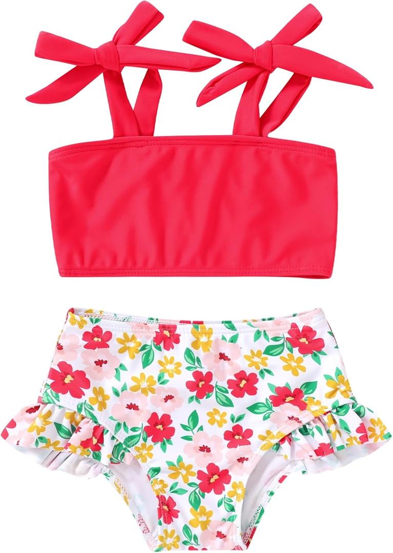 YOUNGER TREE Toddler Girls Two Pieces Swimsuit Color Block Stripe Swimwear Summer Beach Bathing Suit 18M-5T (2-3T, Red#flower2)