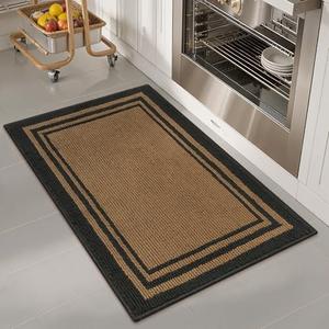 KIMODE Kitchen Rug Non Slip Washable 20"x32", Farmhouse Rugs for Kitchen Floor, Absorbent Cushioned Kitchen Floor Mats Front of Sink Entryway Hallway Laundry Room Bathroom Brown and Black