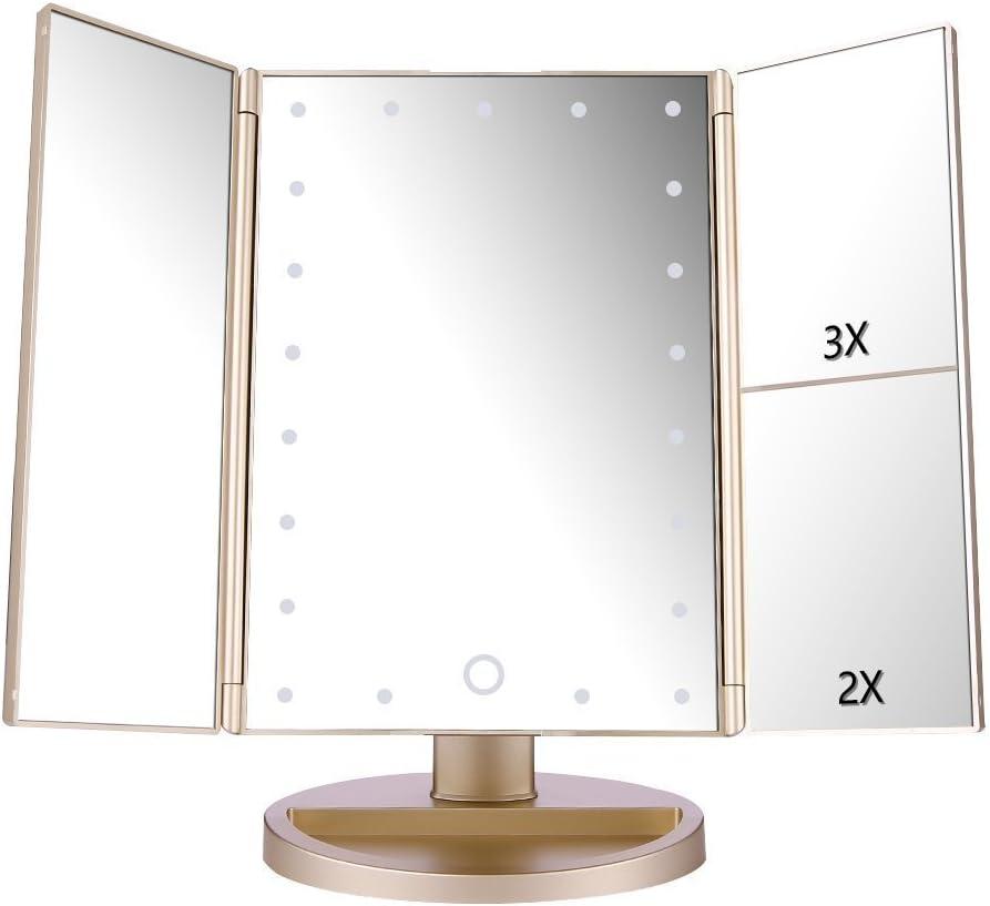 deweisn Floor Mount Tri-Fold Lighted Vanity Mirror with 21 LED Lights, Touch Screen and 3X/2X/1X Magnification, Two Power Supply Modes Make Up Mirror,Travel Mirror (Gold)
