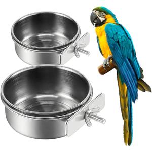 2Pcs Stainless Steel Bird Feeding Bowls, Small Bird Feeding Cup, Stainless Steel Parrot Food Bowl Cage with Holder, Parrot Cage Water Feeder, Pet Cage Cup Holder (Dia 3.93", 4.72",)