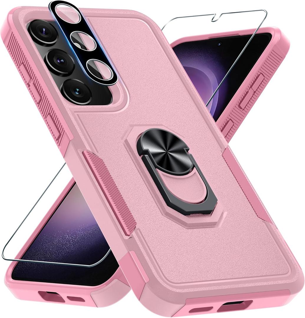 for Samsung Galaxy S25 Plus/S24 Plus Case with Screen Protector+Camera Lens Protector, Heavy Duty Shockproof Full Body Protective Cover Built in Rotatable Metal Ring Holder Kickstand,2025 Cute Pink