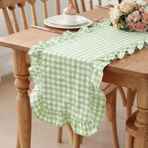 HunnmingRe 1 Pcs Light Green Plaid Gingham Ruffle Table Runner 118 x 13.8'' Farmhouse Table Runner 100% Cotton Scalloped Long Dresser Scarves for Dining Room, Wedding, Kitchen Rustic Home Decor