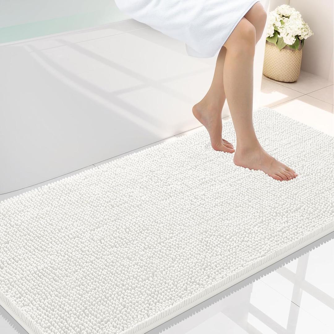 Smiry Luxury Chenille Bathroom Rugs 40x24, Extra Soft and Absorbent Shaggy Bath Mat, Machine Washable, Non-Slip Plush Carpet Runner for Tub, Shower, and Floor, Home Decor Accessories, Ivory