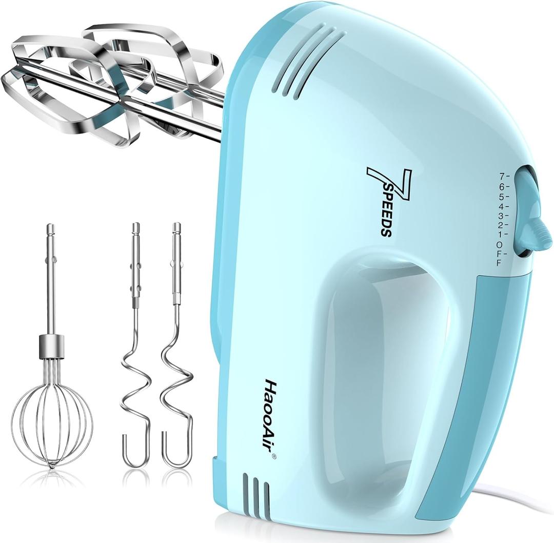 Electric Handheld Mixer, 7-Speed Adjustable Kitchen Mixer, 5 Stainless Steel Accessories (2 * Dough Hooks, 2 * Beaters, 1 * Whisk), Perfect for Kitchen and Baking Food Mixers, Blue