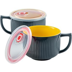 Oversized Soup Bowl with Handle, 38oz Microwave Ramen Bowl with Lid, Jumbo Soup Mug for Ramen, Noodle, Cereals, Soup Container with Lid, Dishwasher Safe - set of 2 (Gray)