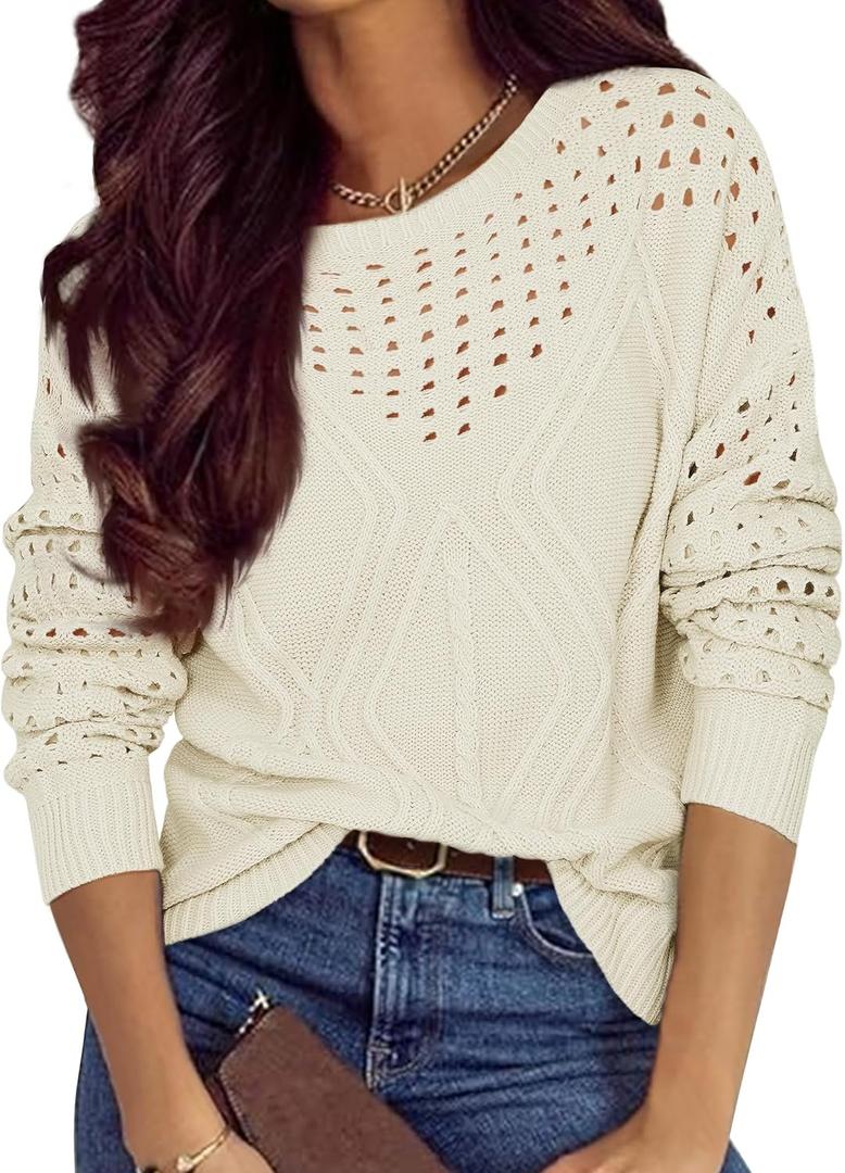 Womens 2025 Spring Sweaters Oversized Crewneck Cable Knit Pullover Crochet Hollow Out Chunky Jumper Casual Tunic Tops, Beige, M