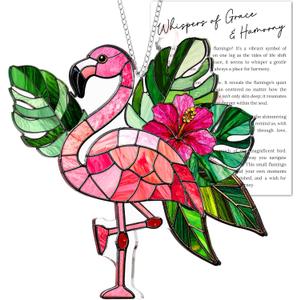 Flamingo Acrylic Suncatcher Window Hanging Ornament with Story Card, Flamingo Gifts for Women, Pink Christmas Tree Decorations, Tropical Palm Flamingos Hanging Decorations, Summer Christmas Ornament