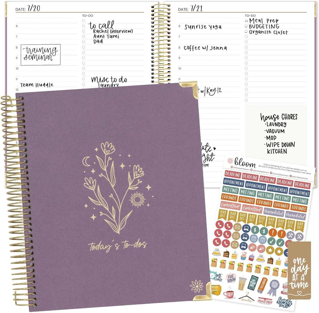 bloom daily planners Undated To-Do List Planner with Hourly Timed Schedule for Appointments - 185 Daily Pages (Half Year) - Hard Cover Page A Day Agenda (7 x 9) - Purple Linen