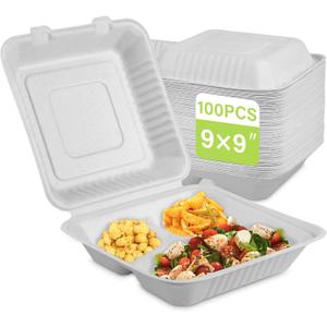 9x9 Clamshell Food Containers, 100 Pack Disposable Take Out Food Container With 3 Compartments, Compostable To Go Boxes, Eco Friendly To Go Containers With White Bagasse