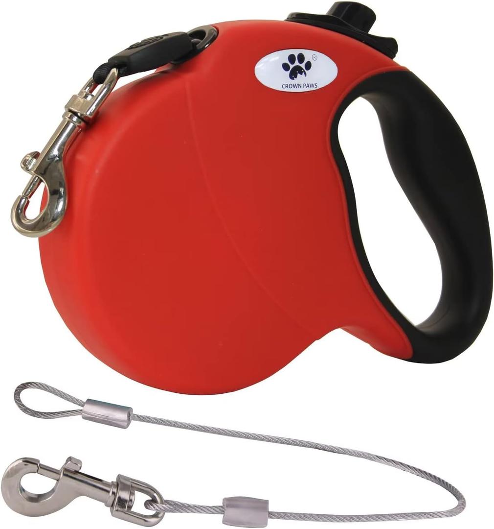 CROWN PAWS 16ft Retractable Dog Leash for Medium Breed Dogs up to 44 lbs with a Detachable Chew Proof Extender Wire Ropes (RED M)