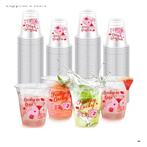Dandat 25 Count Valentines Lucky in Love Plastic Cups Casino Theme 10 oz Disposable Clear Cold Beverage Drinking Cups for Galentine's Day Bachelorette Party Vegas Bridal Shower Party Supplies Decors